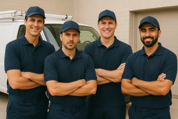 4 plumbing technicians posing for the camera 4 plumbing technicians posing for the camera