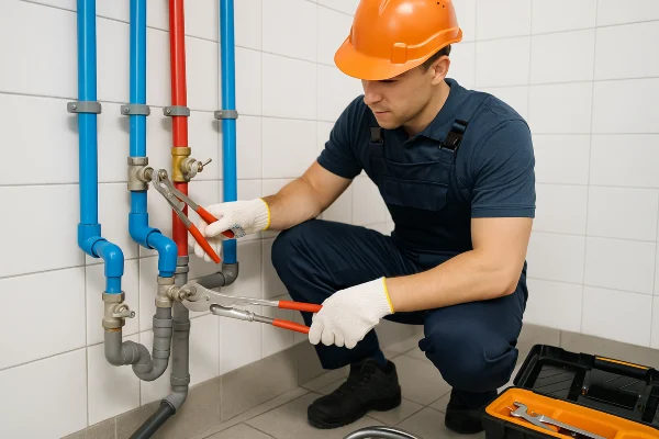 a plumber working on commercial pipe connections a plumber working on commercial pipe connections