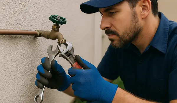 a male plumber fixing an outdoor faucet from Emergency Plumber Round Rock in Round Rock, TX - Burst pipe repair a male plumber fixing an outdoor faucet from Emergency Plumber Round Rock in Round Rock, TX - Burst pipe repair
