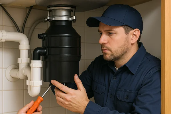 a technician working on a garbage disposal from Emergency Plumber Round Rock in Round Rock, TX - Sewer Line Clearing Services a technician working on a garbage disposal from Emergency Plumber Round Rock in Round Rock, TX - Sewer Line Clearing Services