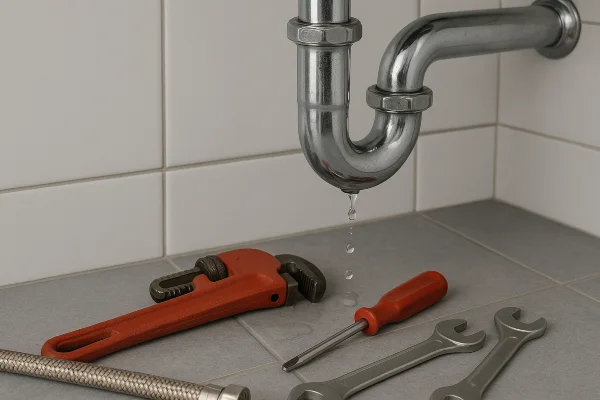 a sink water leak and plumbing tools on the floor from Emergency Plumber Round Rock in Round Rock, TX - Sewer Line Clearing Services a sink water leak and plumbing tools on the floor from Emergency Plumber Round Rock in Round Rock, TX - Sewer Line Clearing Services