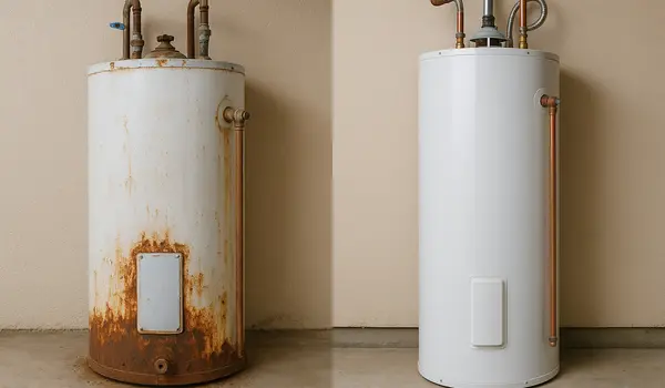 a rusted water heater next to a brand new water heater from Emergency Plumber Round Rock in Round Rock, TX - Water Leak Diagnosis