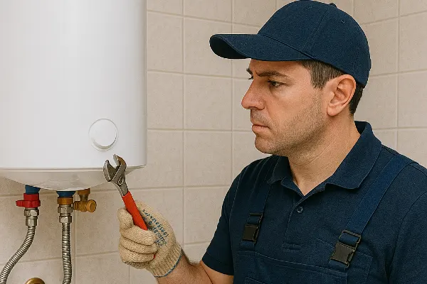 a male plumber working on a water heater mounted on the wall from Emergency Plumber Round Rock in Round Rock, TX - Water Leak Diagnosis