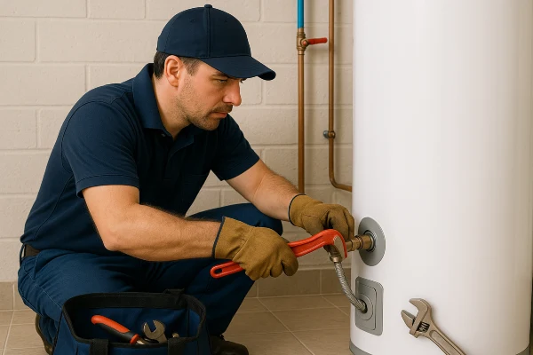 a male plumber working on a water heater connection from Emergency Plumber Round Rock in Round Rock, TX - Water Leak Diagnosis