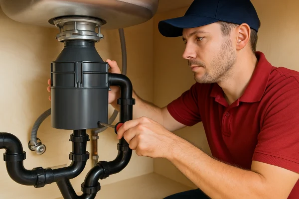 a male plumber using a screwdriver to fix a garbage disposal from Emergency Plumber Round Rock in Round Rock, TX - Water Leak Diagnosis