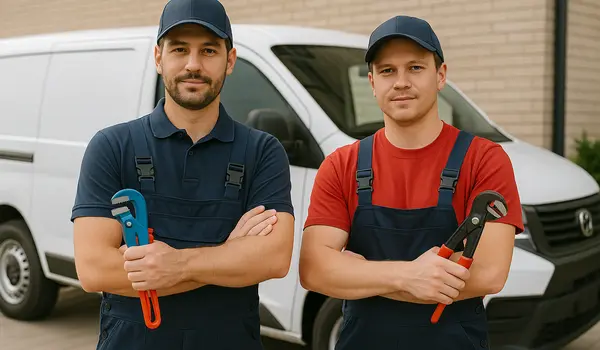 2 male plumbers looking at the camera
