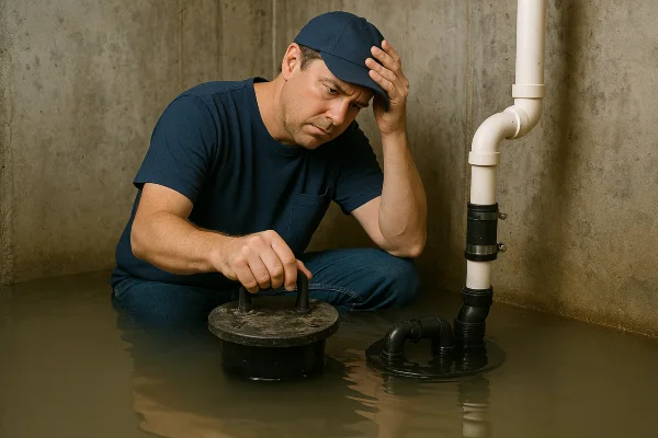 a worried plumber in a flooded room