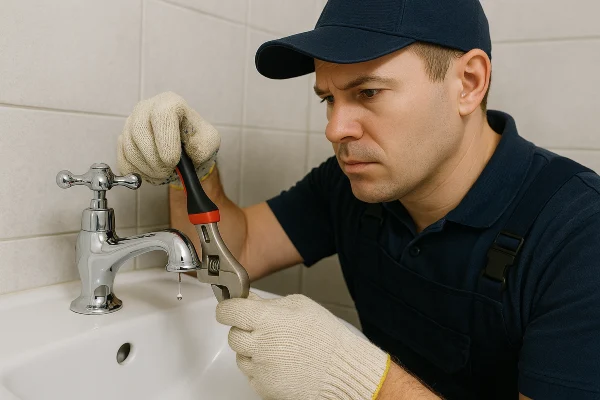 a plumbing technician using a tool to fix a water faucet