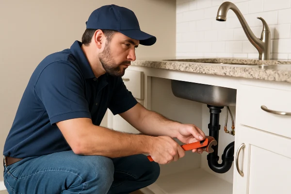 a male plumber checking a kitchen sink pipe connection